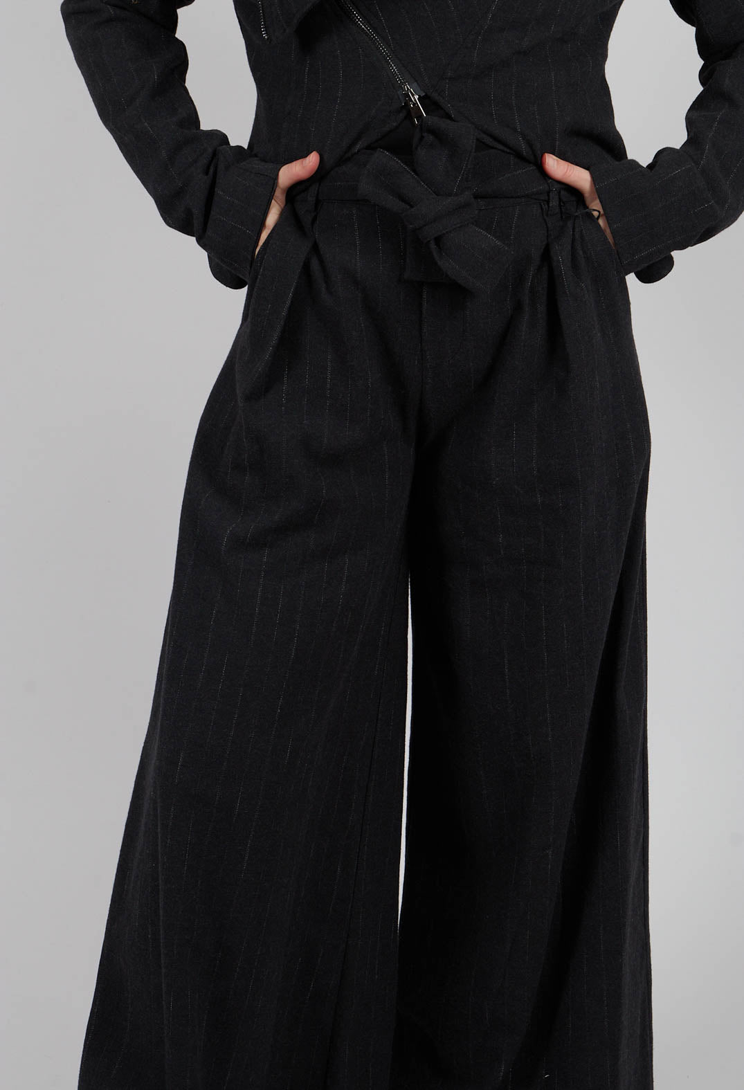 Cotton Blend Palazzo Trousers in Black Pinstripe