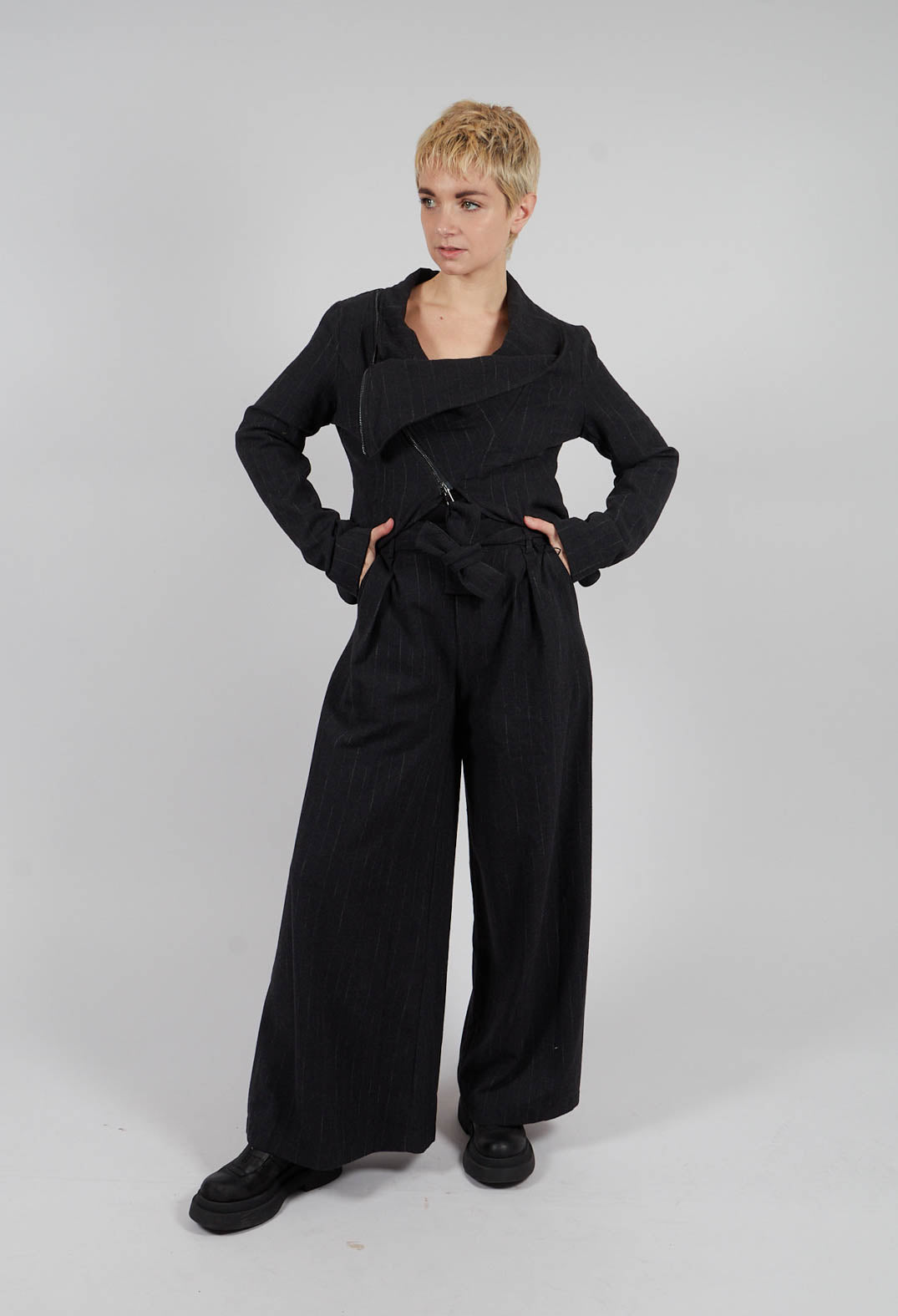 Cotton Blend Palazzo Trousers in Black Pinstripe