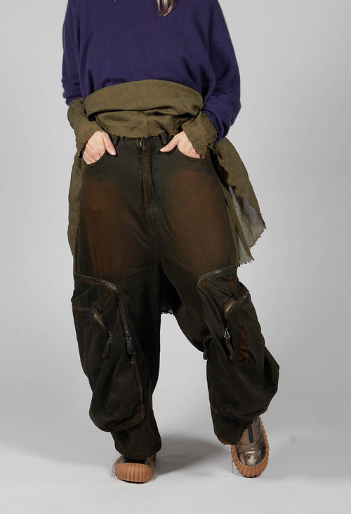 Drop Crotch Acid Wash Trousers in Khaki
