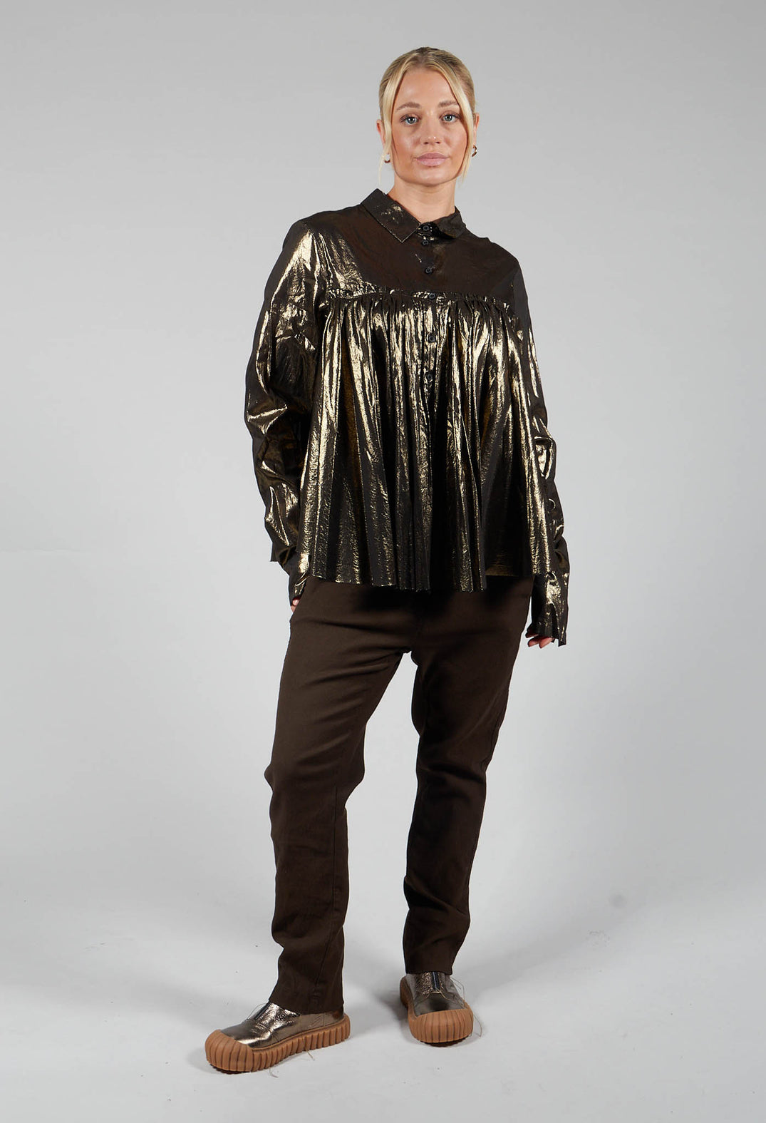 Metallic Button Up Blouse in Gold Black