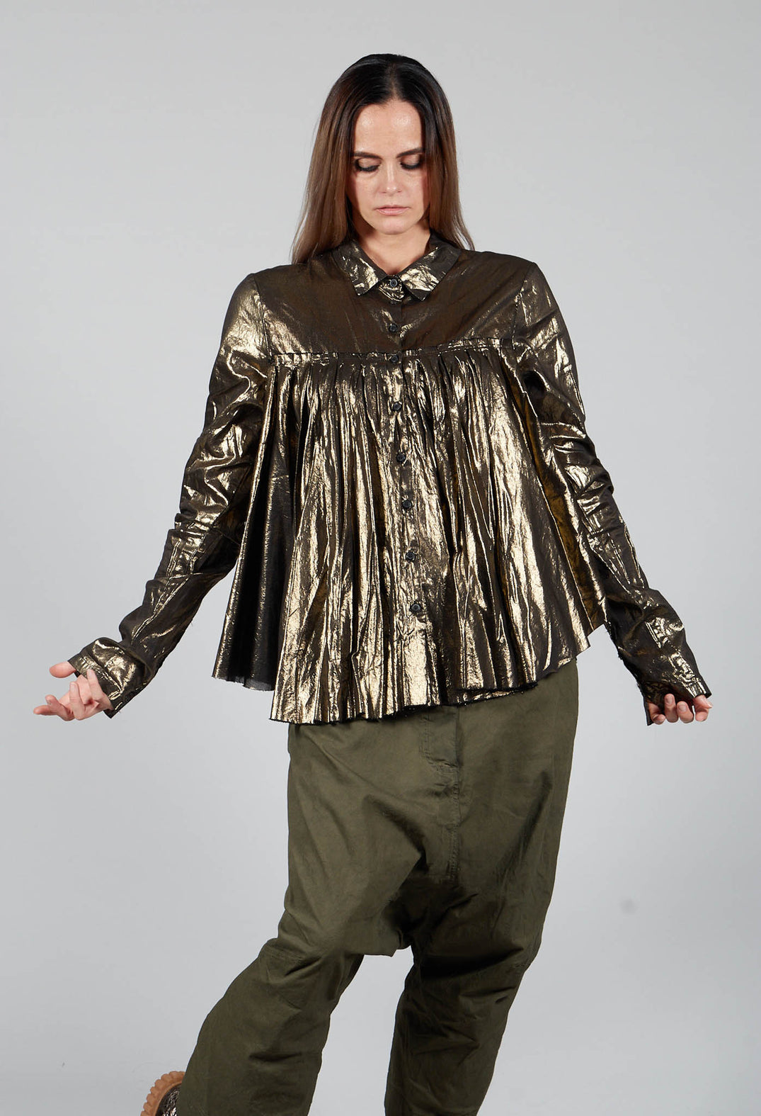 Metallic Button Up Blouse in Gold Black