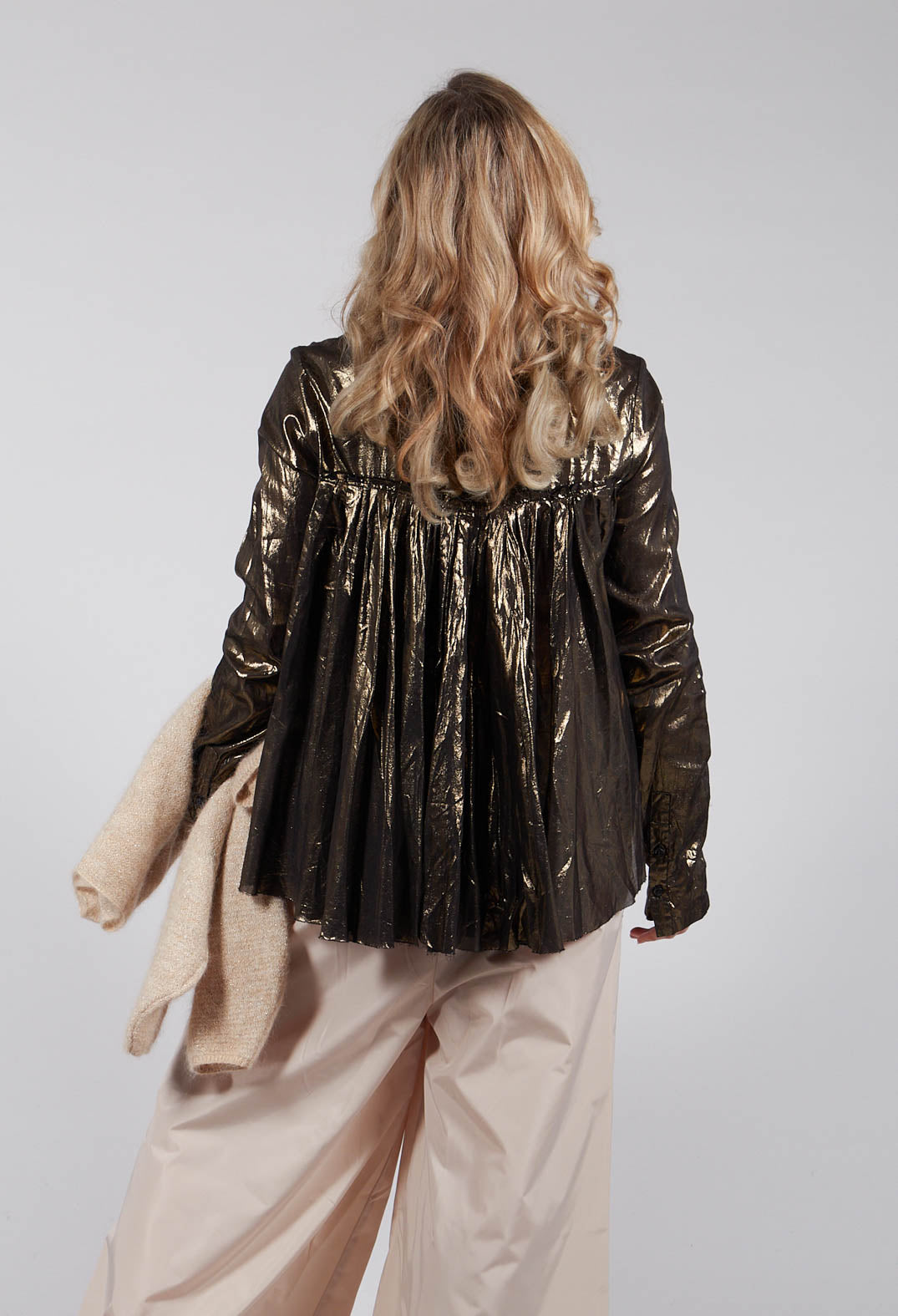 Metallic Button Up Blouse in Gold Black