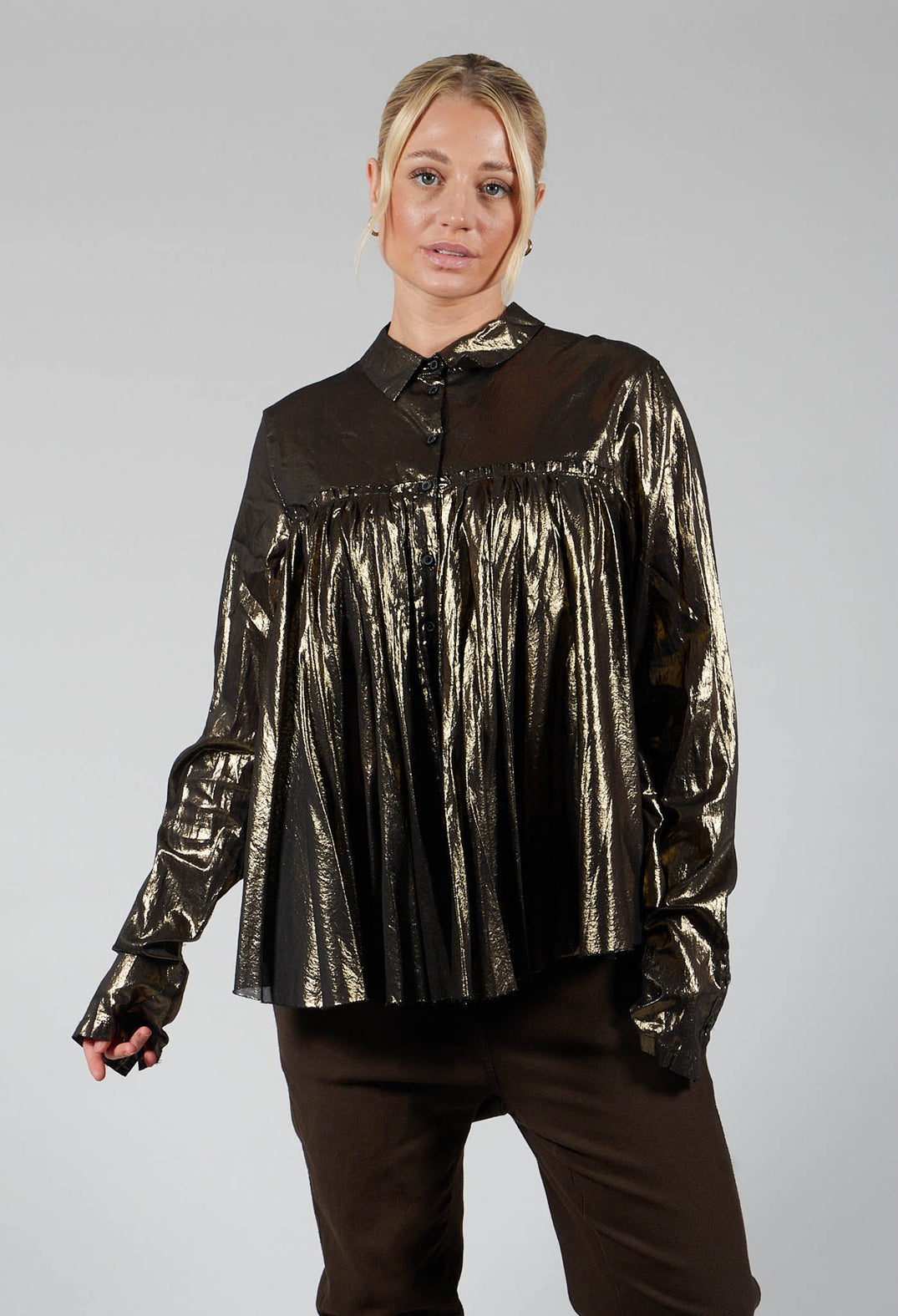 Metallic Button Up Blouse in Gold Black