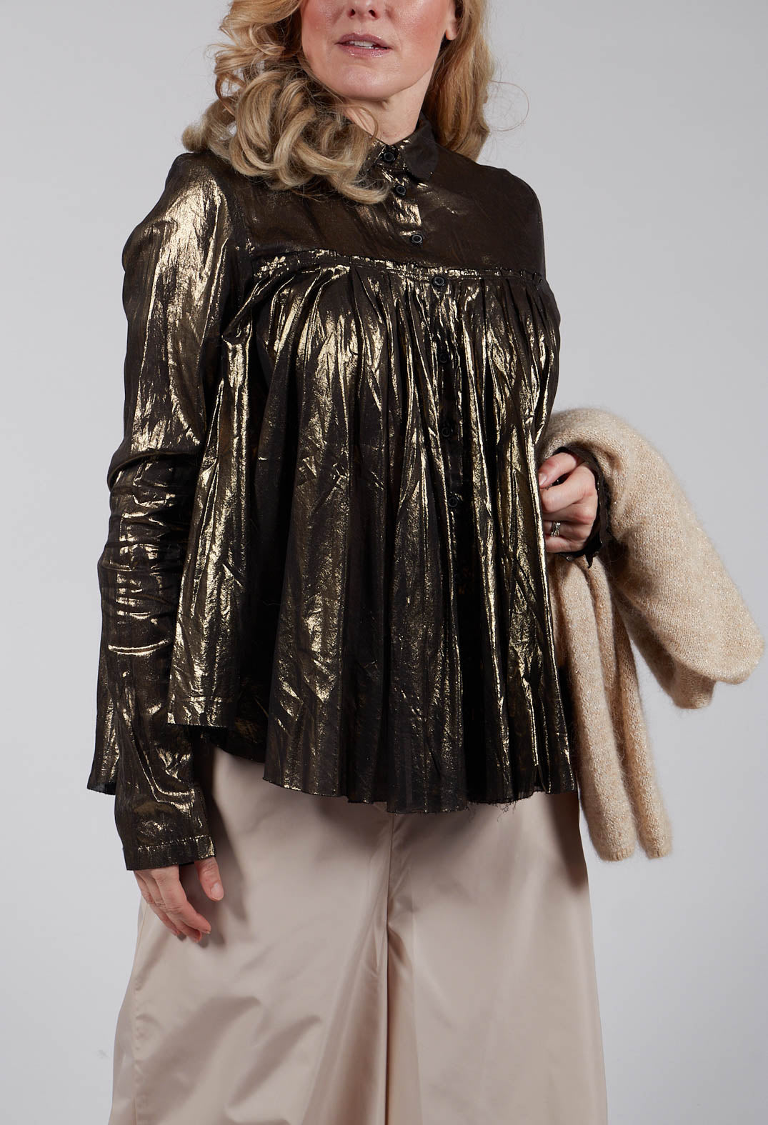 Metallic Button Up Blouse in Gold Black
