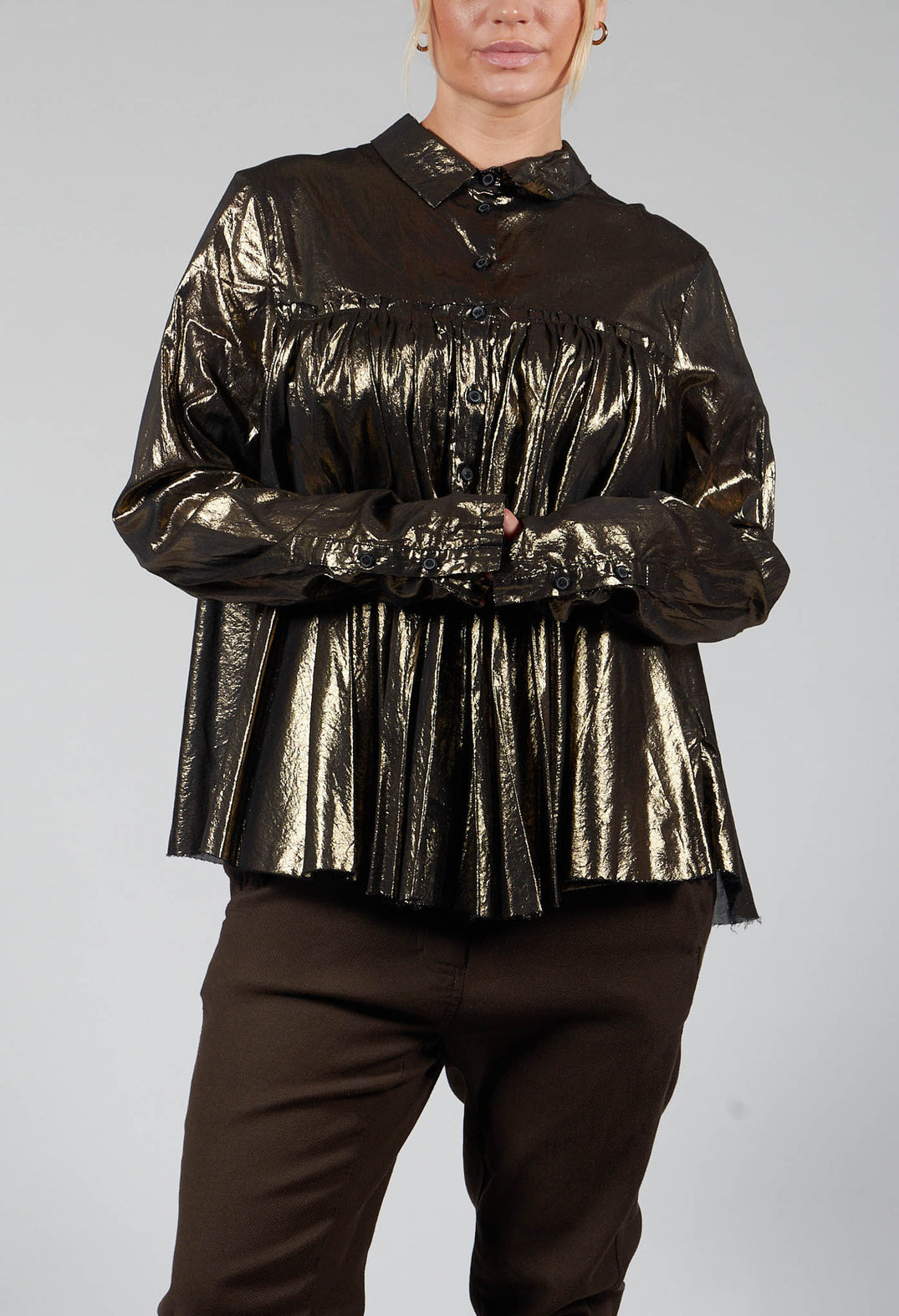 Metallic Button Up Blouse in Gold Black