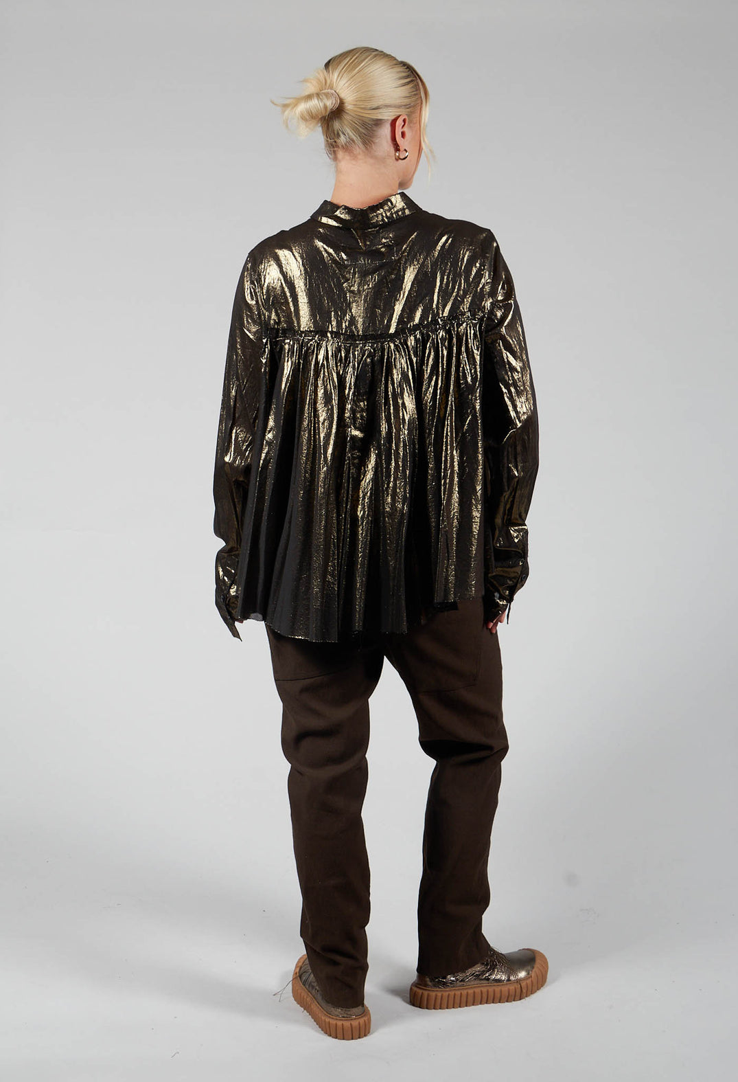 Metallic Button Up Blouse in Gold Black