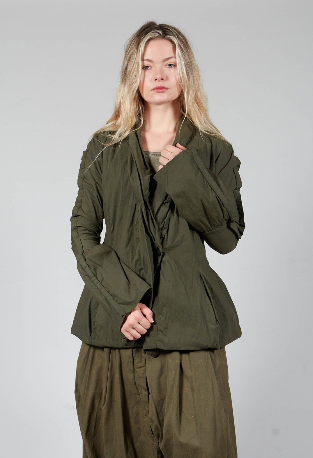 Ruched Fabric Collar Jacket With Statement Sleeves in Olive