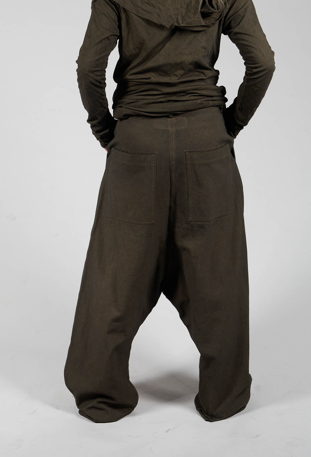 Drop Crotch Long Length Trousers in Khaki Cloud