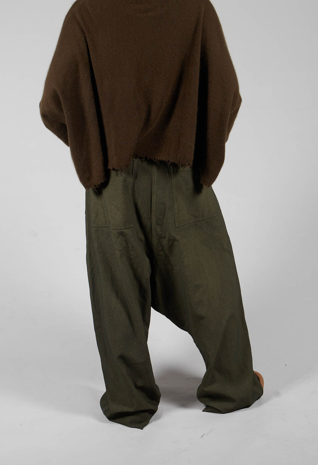 Drop Crotch Long Length Trousers In Olive Cloud