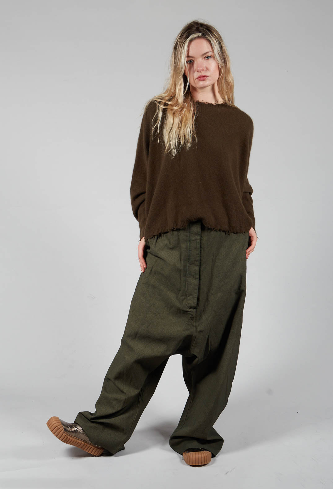 Drop Crotch Long Length Trousers In Olive Cloud