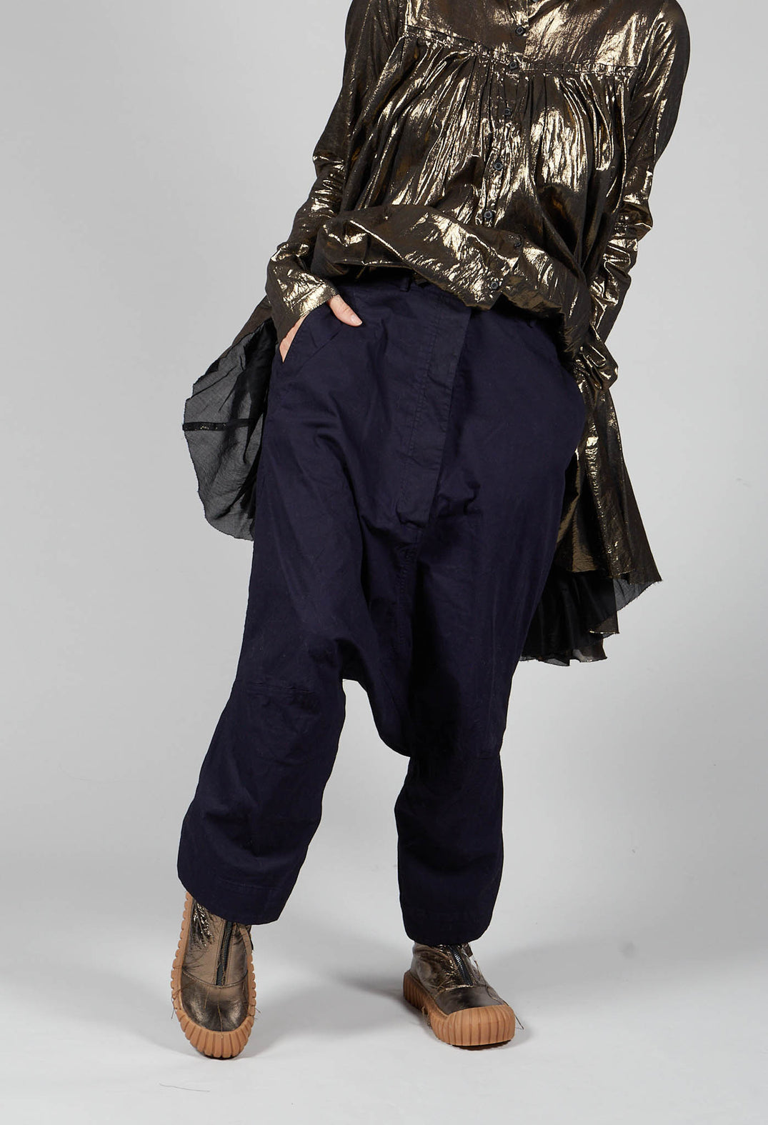 Distressed Cropped Drop Crotch Trousers in Grape Cloud