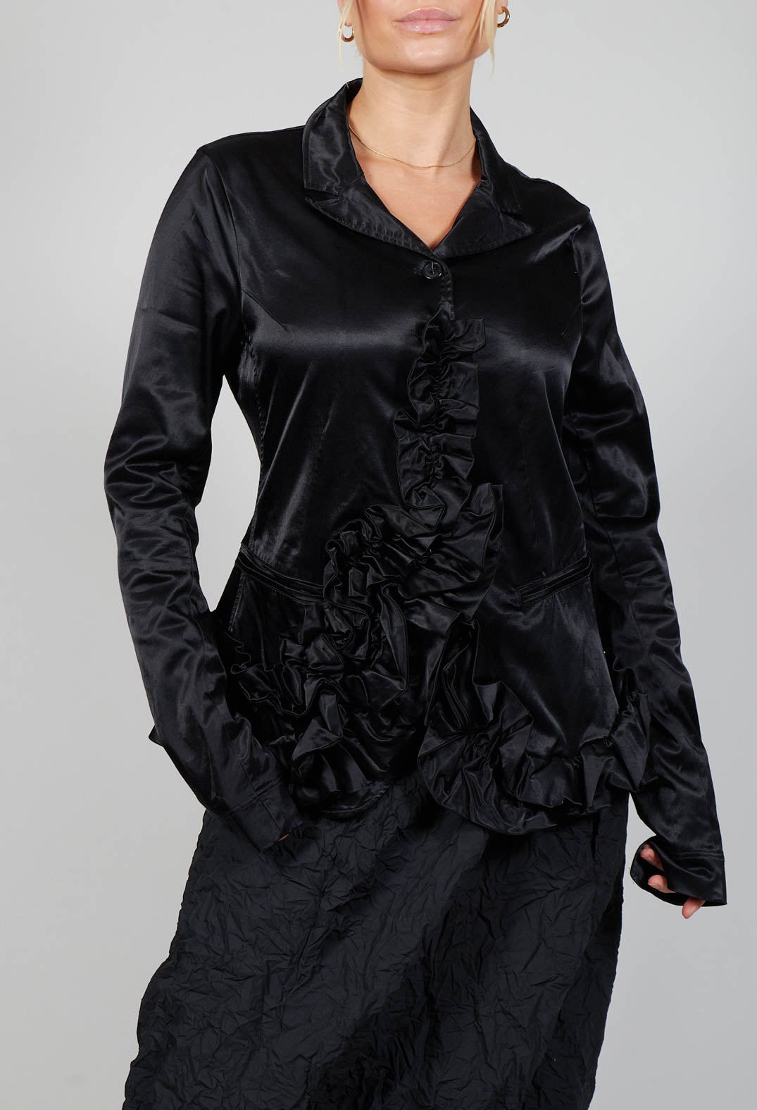 Satin Jacket with Ruffle Detail in Black