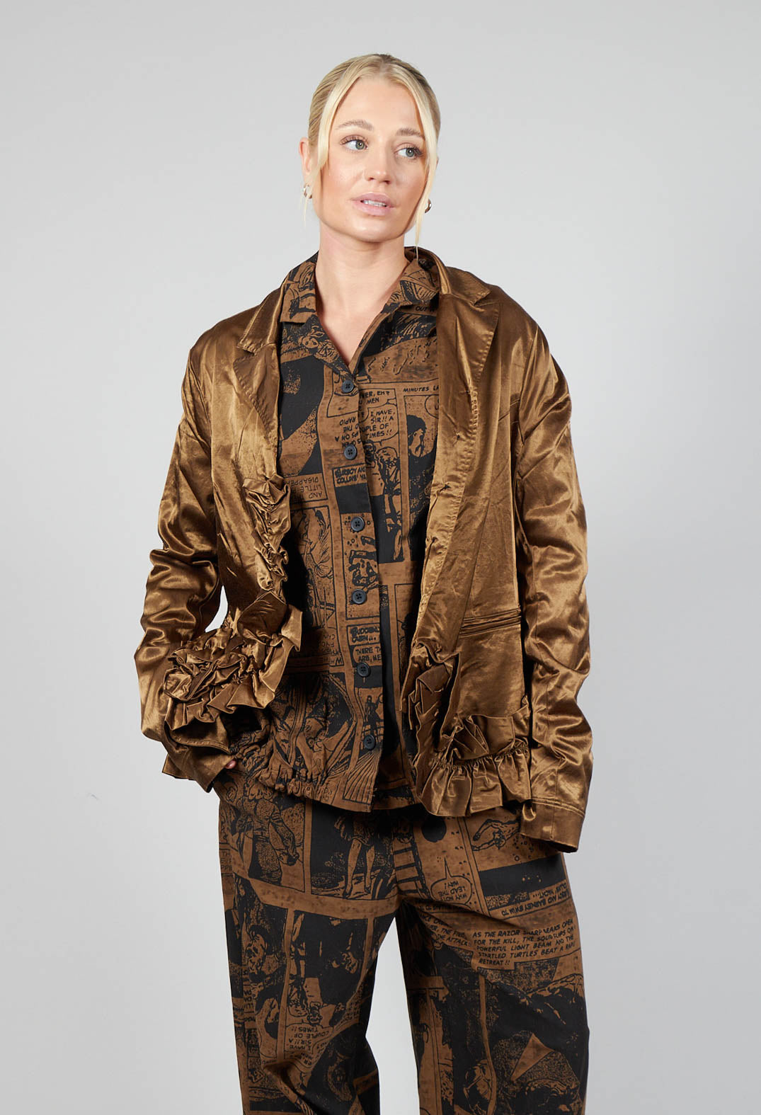 Satin Jacket with Ruffle Detail in Bronze