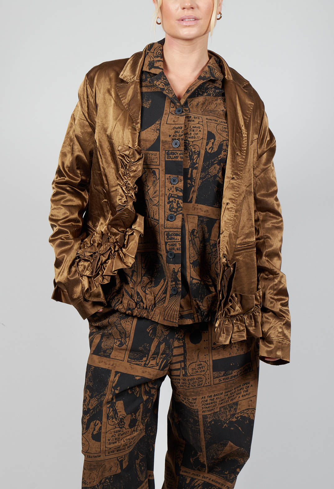 Satin Jacket with Ruffle Detail in Bronze