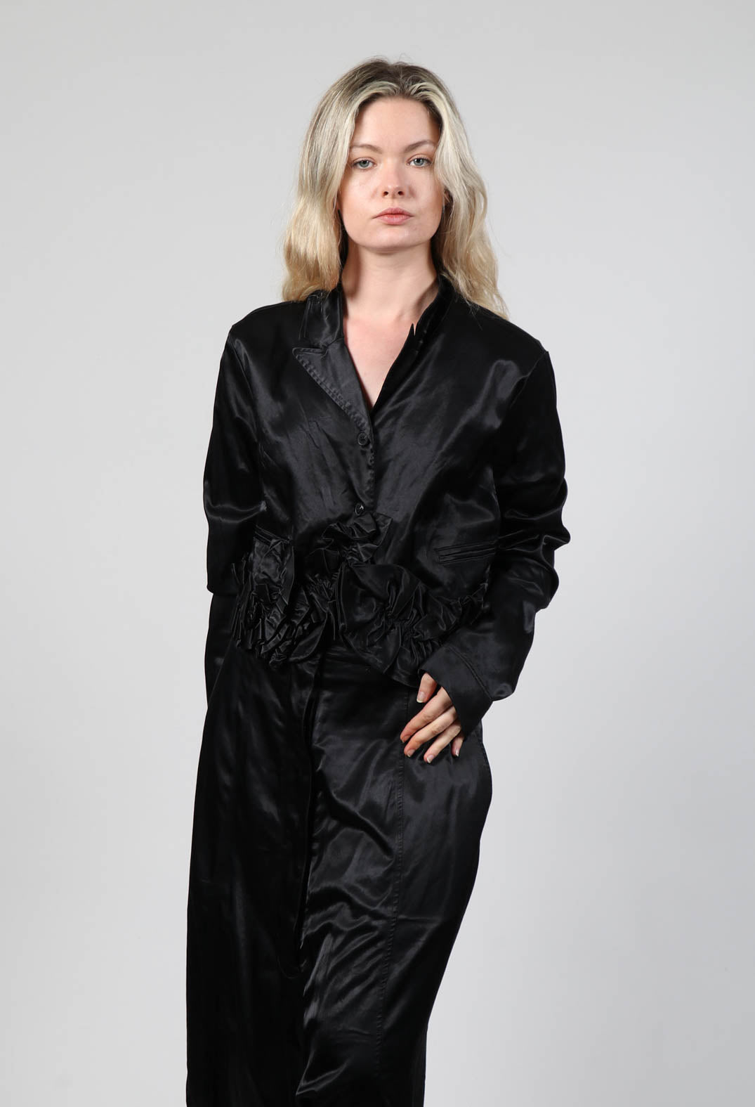 Satin Cropped Jacket with Ruffle Detail in Black