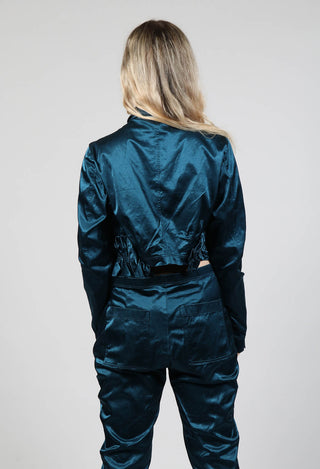 Satin Cropped Jacket with Ruffle Detail in Ink