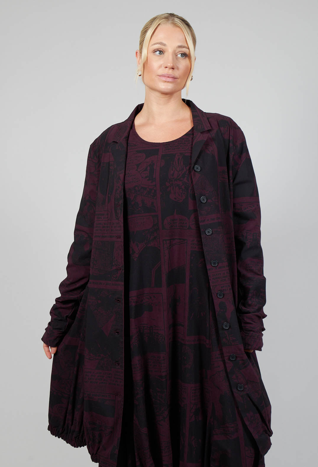 Coat with Gathered Hem in Ruby Comic