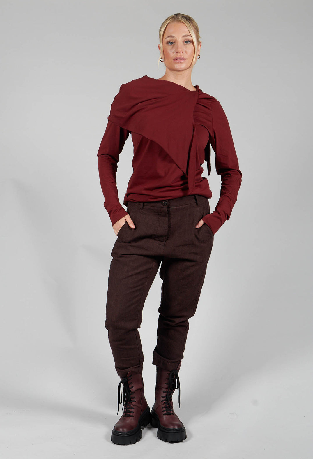 Drop Crotch Wide Leg Trousers in Rust Check