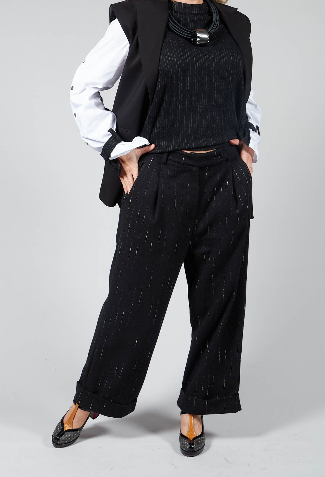 Striped Pleated Slacks in Black