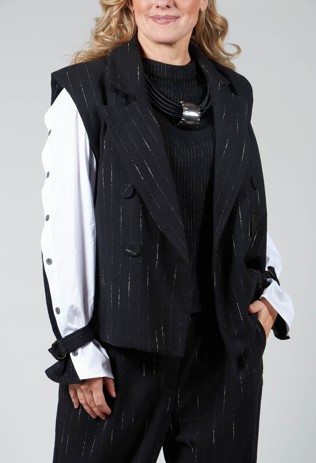 Cotton Striped Blazer Vest in Black
