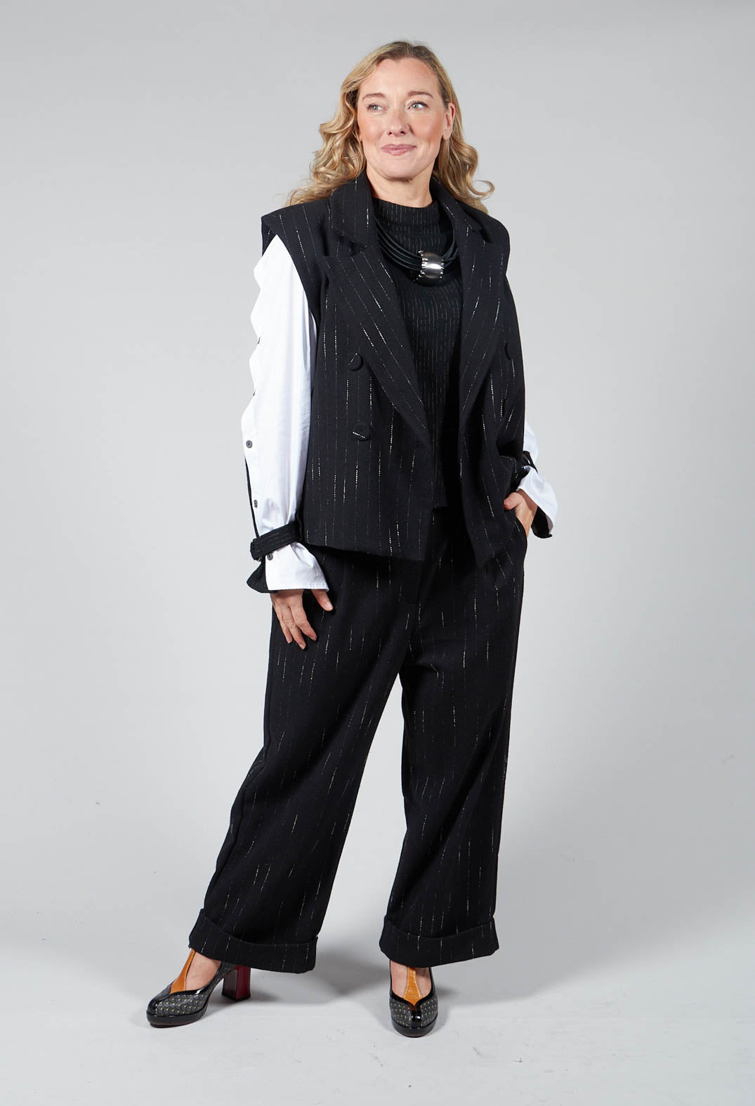 Cotton Striped Blazer Vest in Black