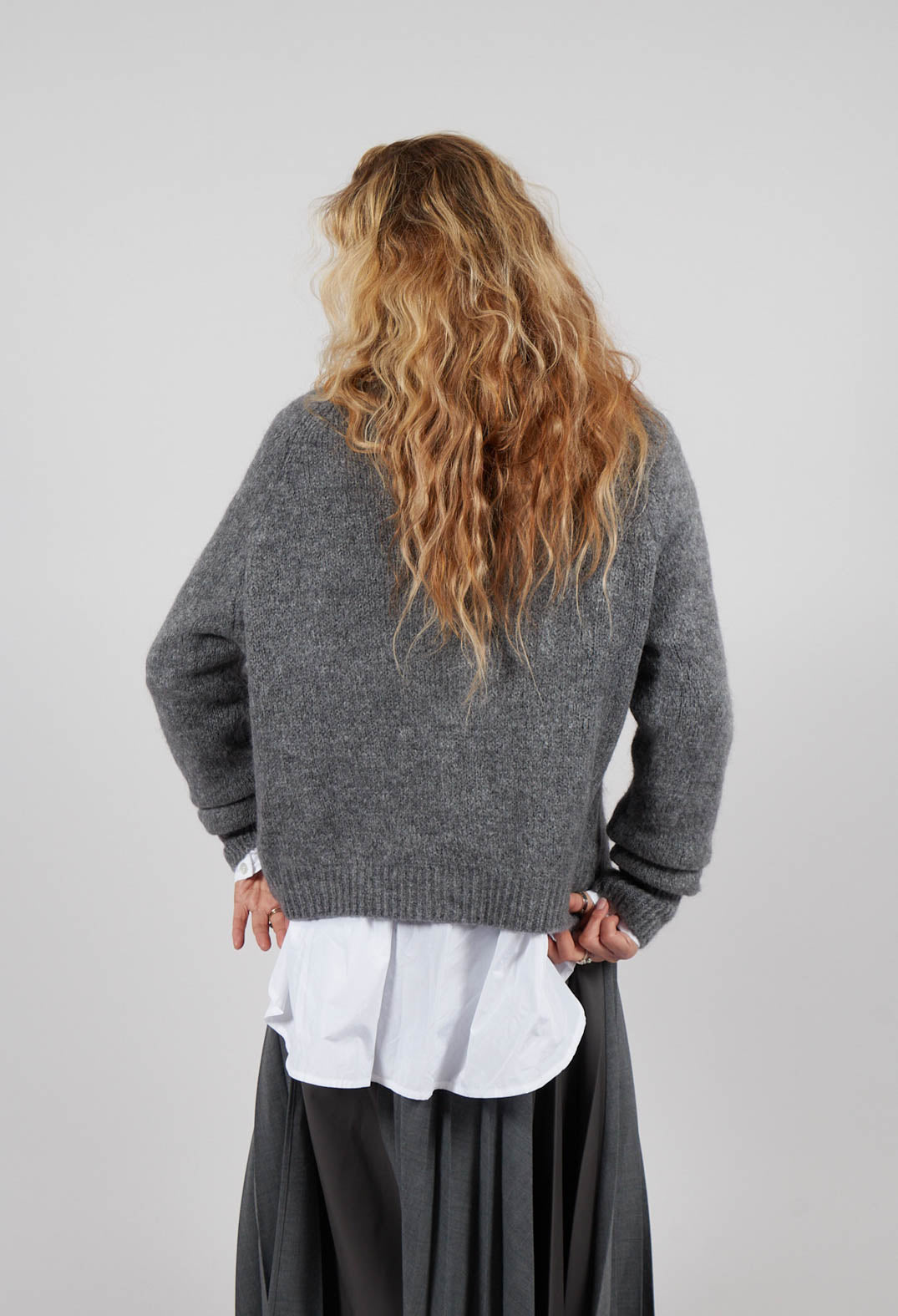 Ribbed V Neck Buttoned Sweater in Ash Grey