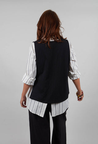 Striped Back Tie Cotton Blend Vest in Black
