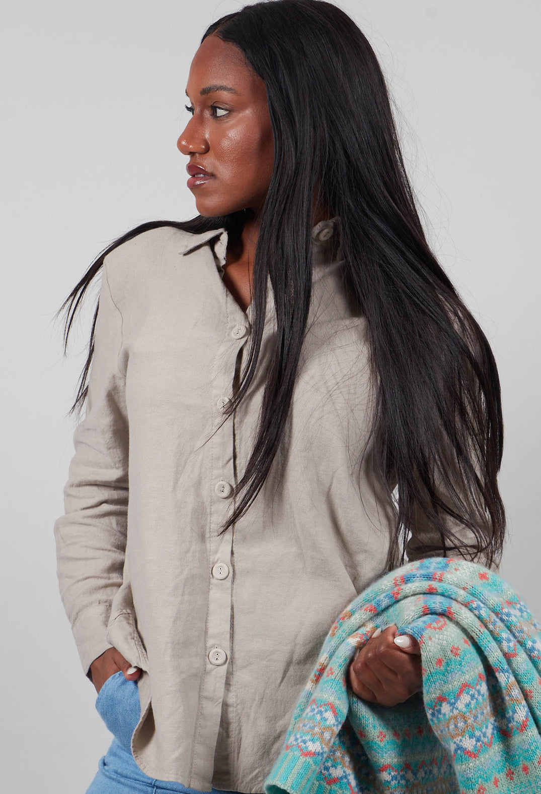 Cotton Linen Blend Button Up Shirt in Sand