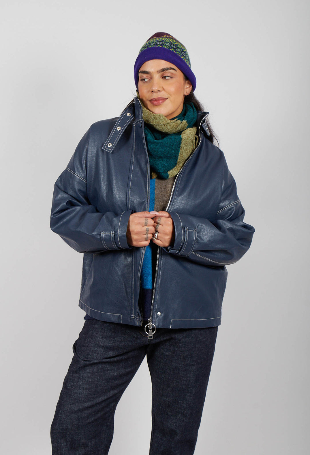 Parka Faux Leather Jacket in Blue Notte