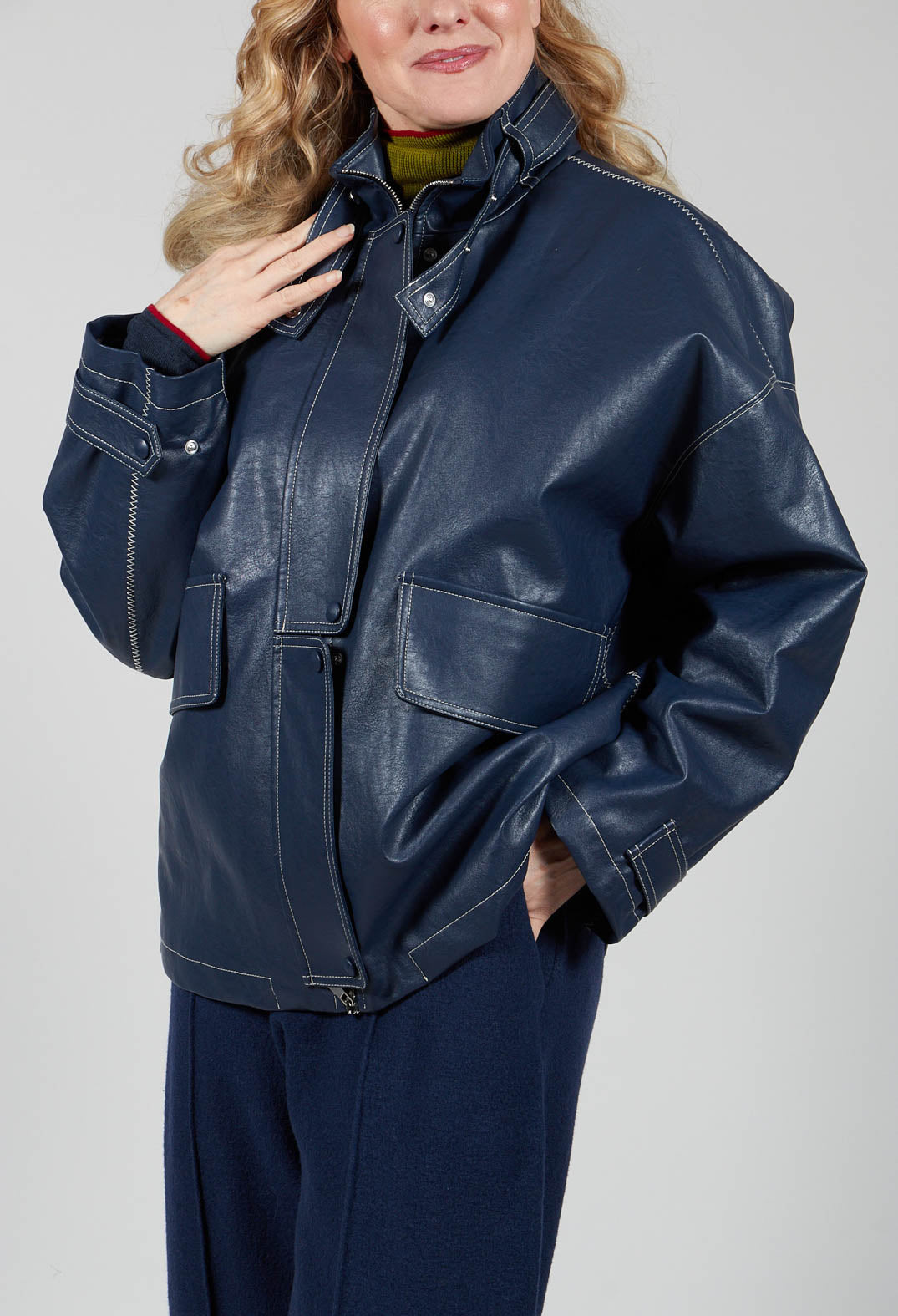 Parka Faux Leather Jacket in Blue Notte