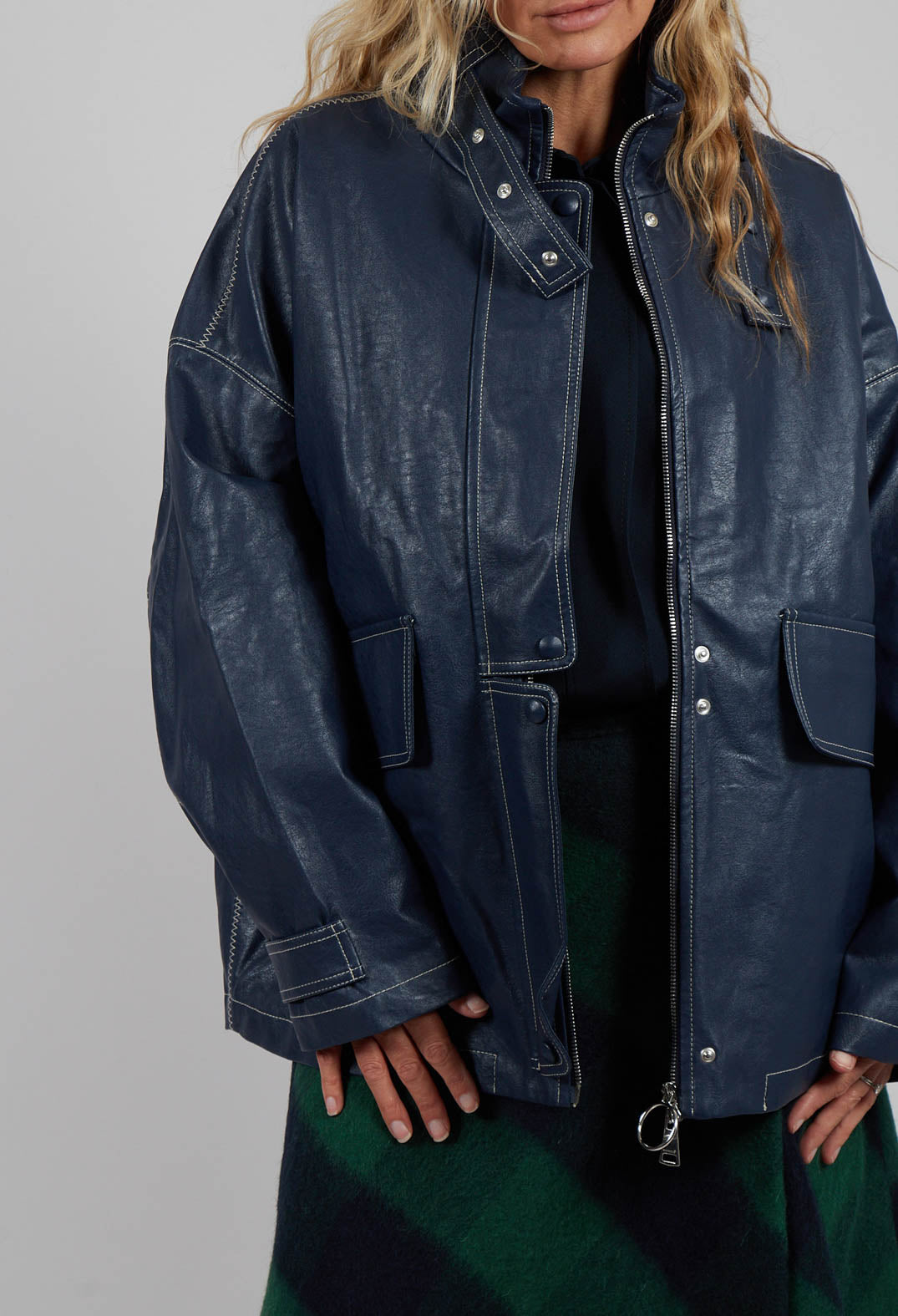 Parka Faux Leather Jacket in Blue Notte