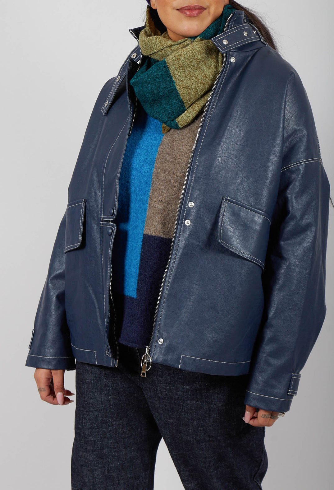 Parka Faux Leather Jacket in Blue Notte