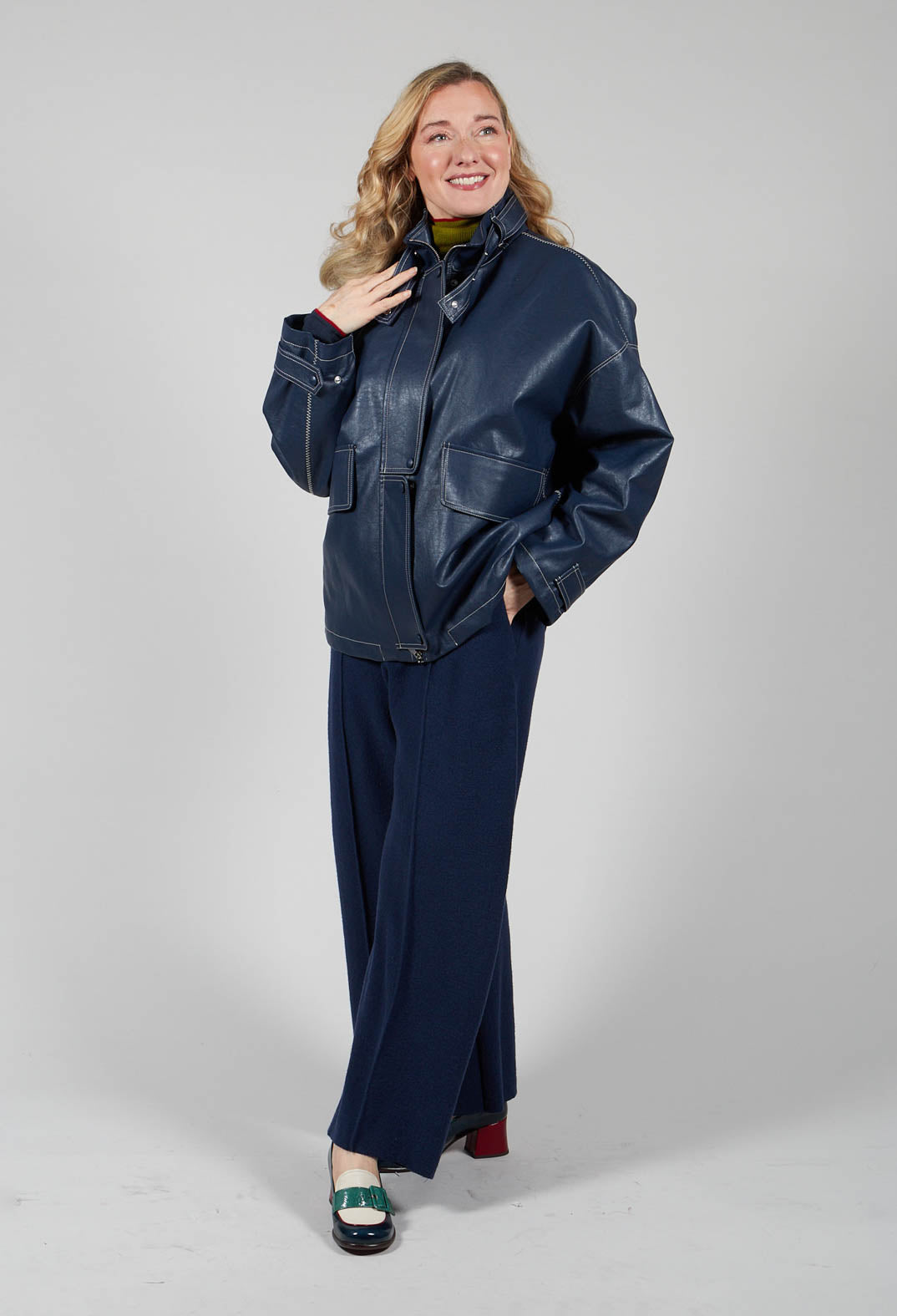Parka Faux Leather Jacket in Blue Notte