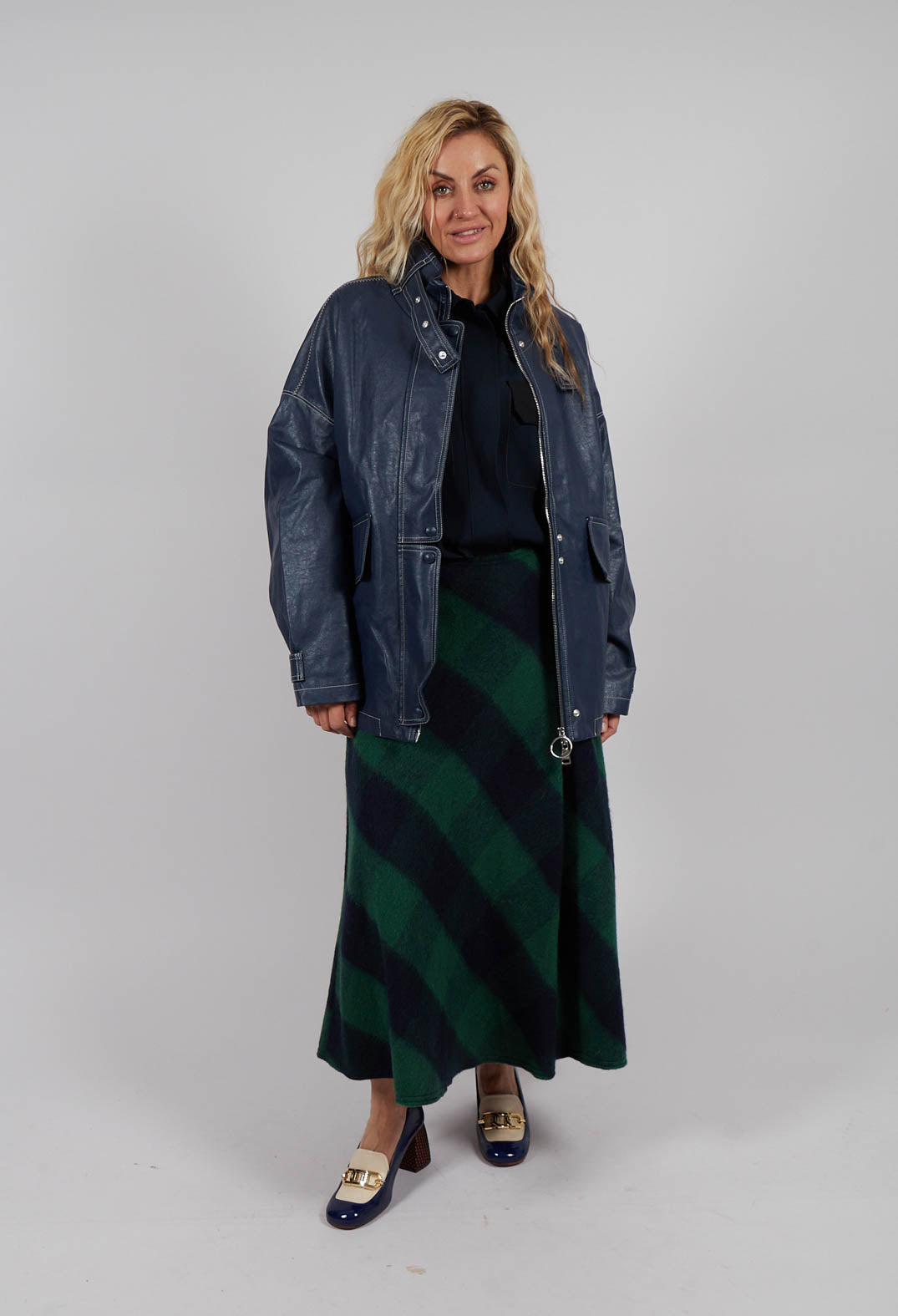 London Wool Check Skirt in Blue and Green