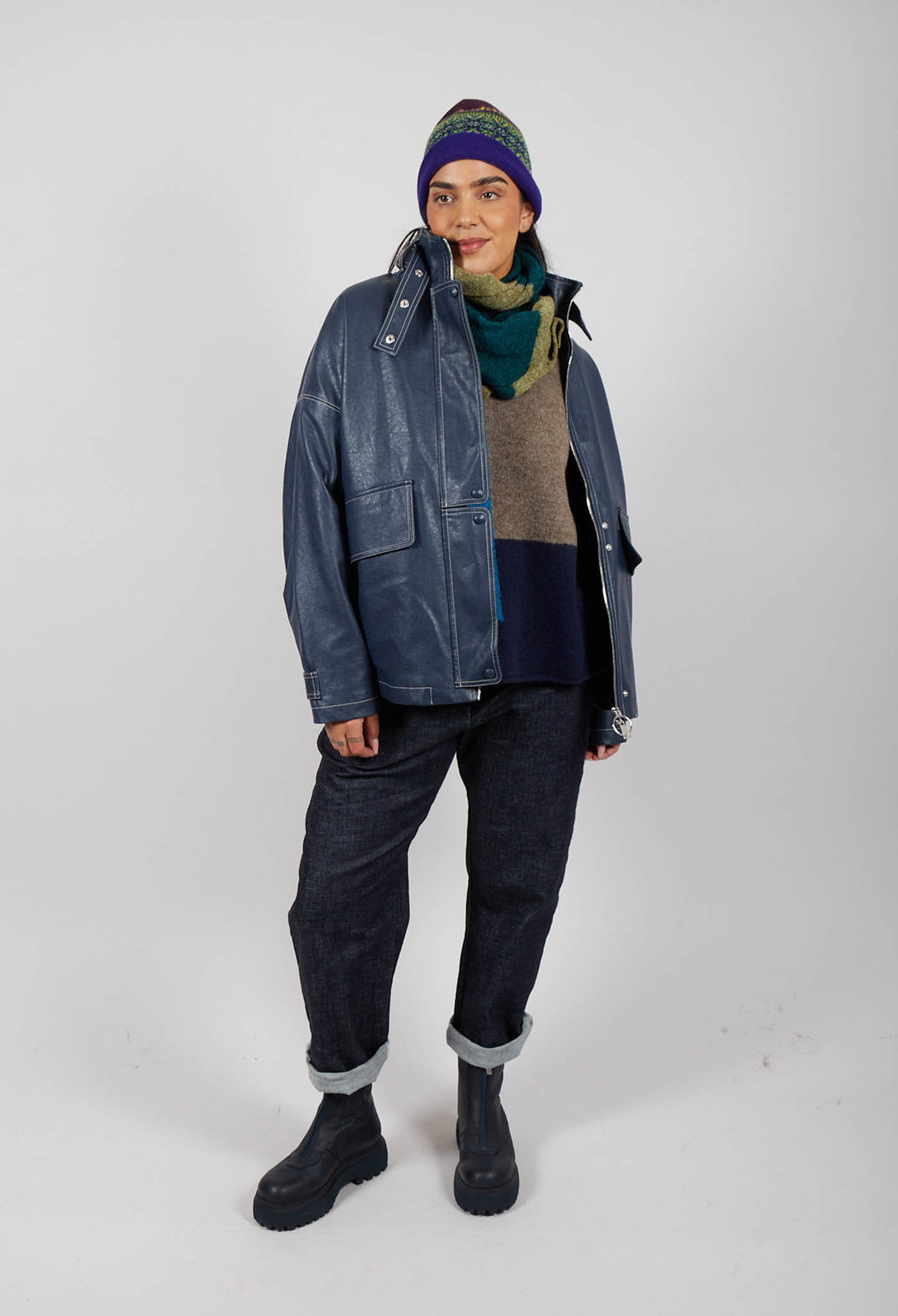 Parka Faux Leather Jacket in Blue Notte