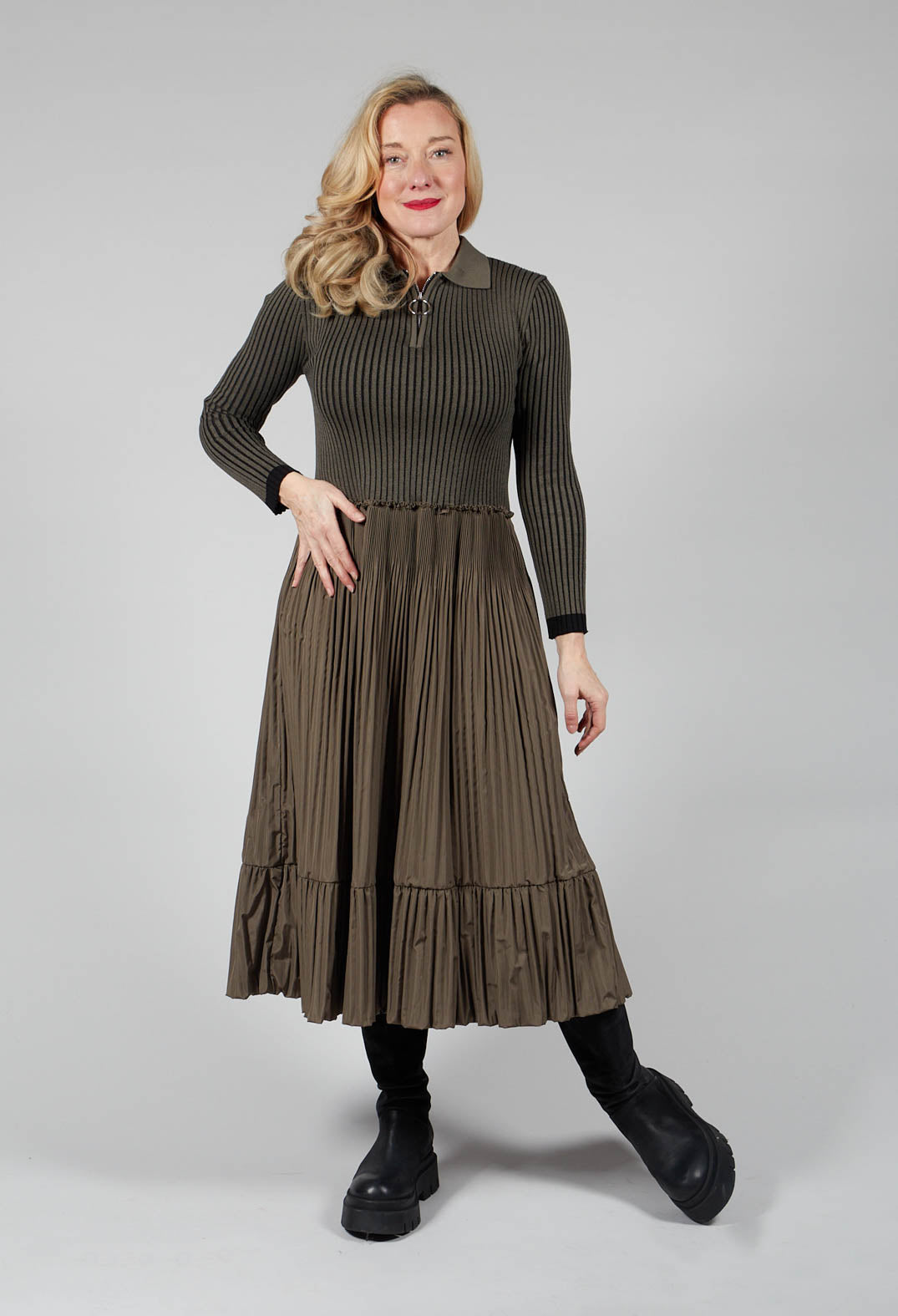 Taffeta Dual Fabric Dress in Military Olive