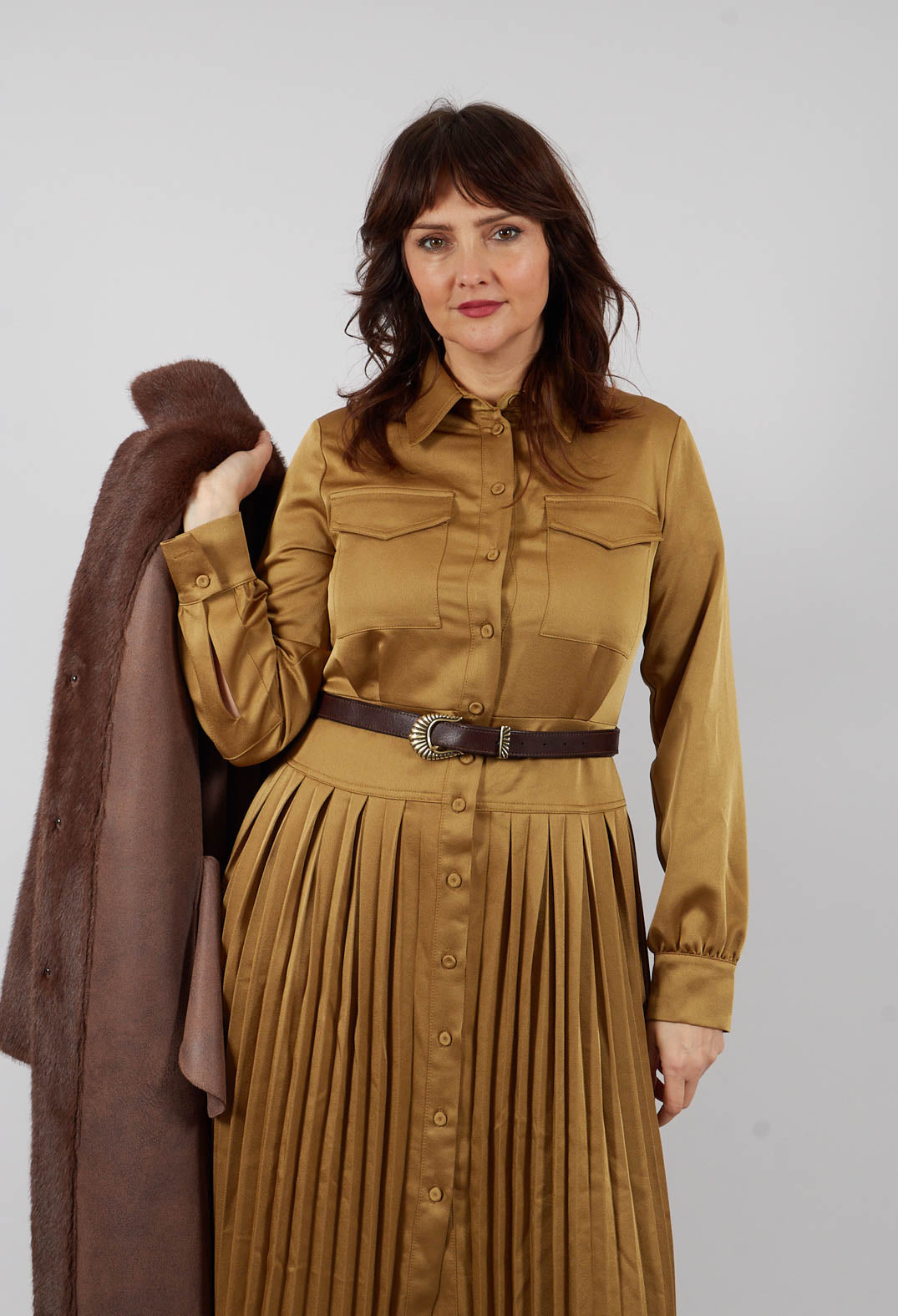 Gloss Satin Shirt Dress in Tobacco