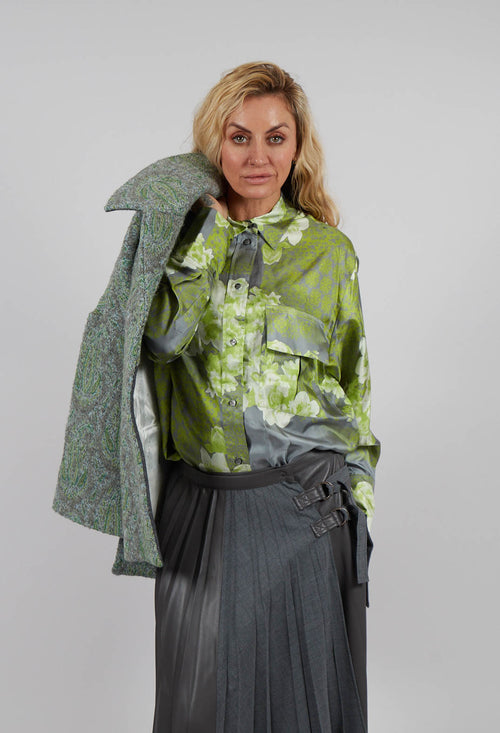 Garden Print Silk Blouse in Grey