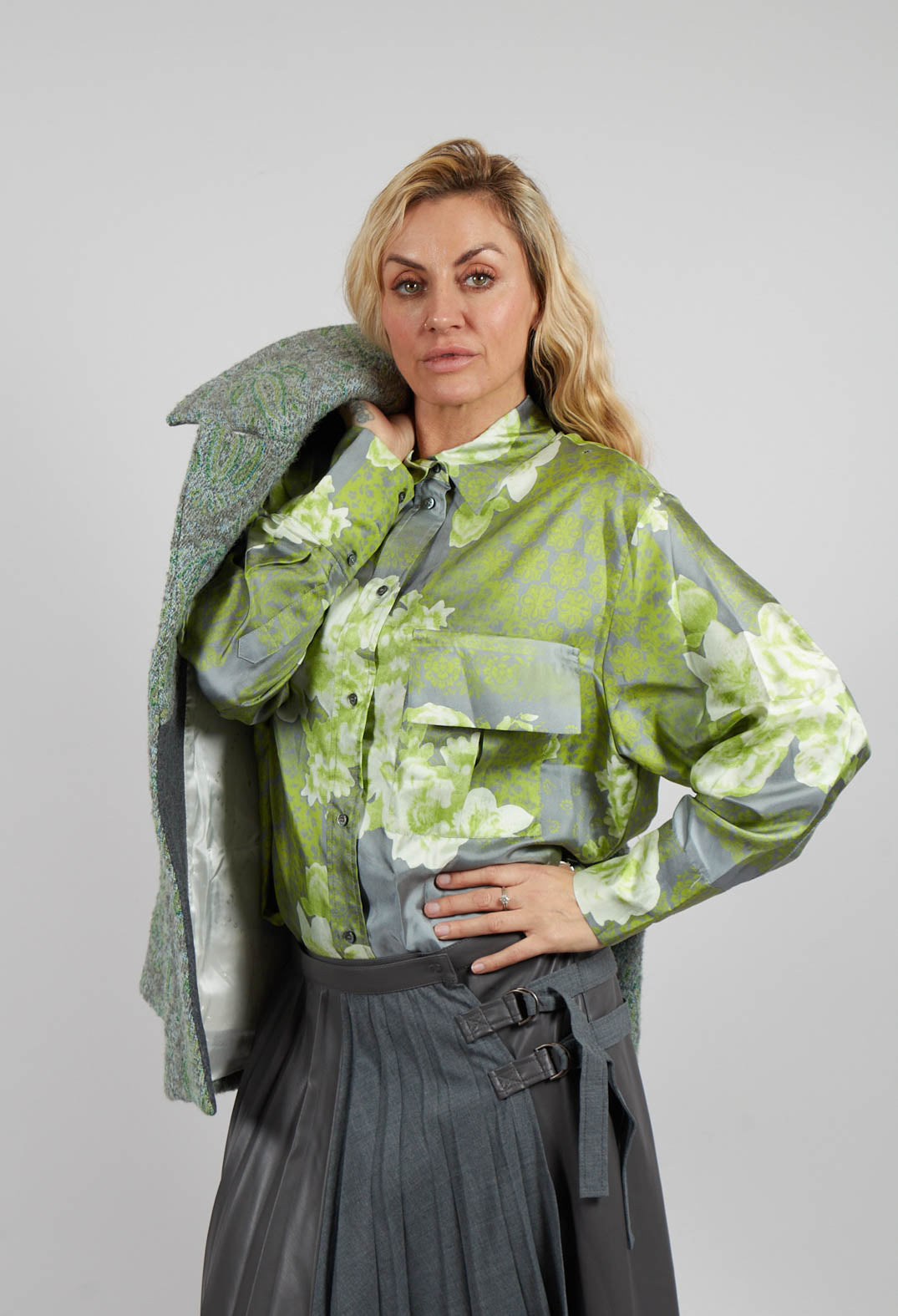 Garden Print Silk Blouse in Grey