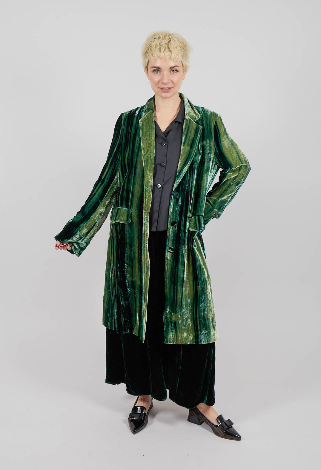 Colette Coat in Bottle Green and Mint Stripe