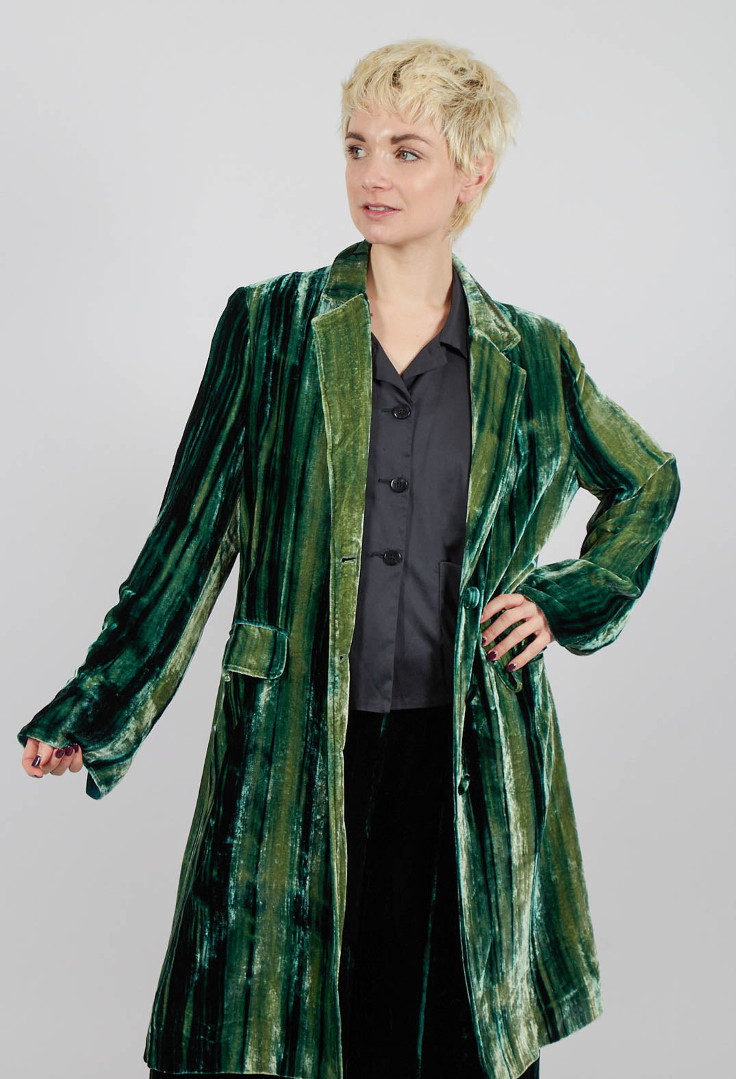 Colette Coat in Bottle Green and Mint Stripe