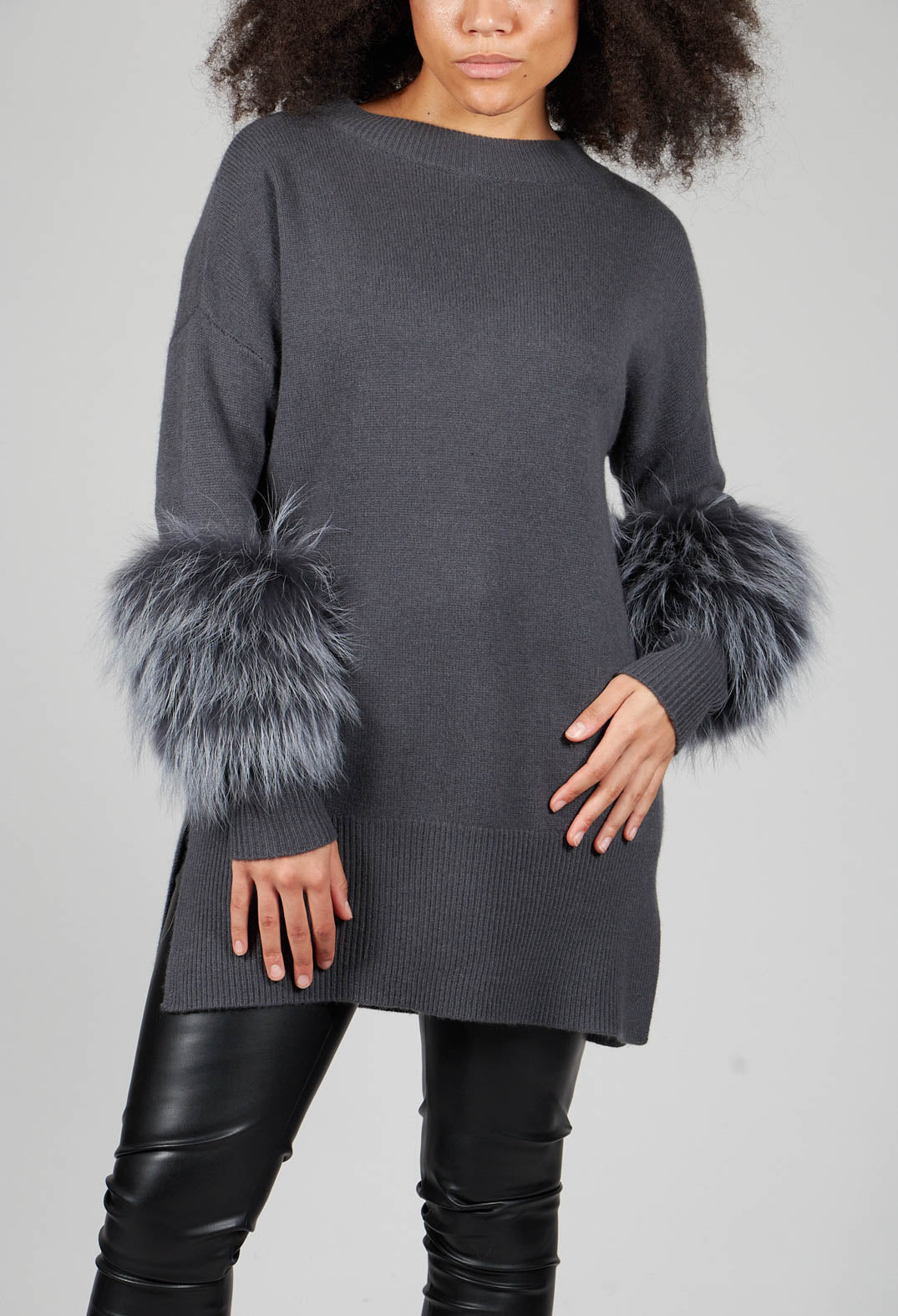 Cashmere Jumper with Fur Trim Sleeves in Volcanic Rock Grey