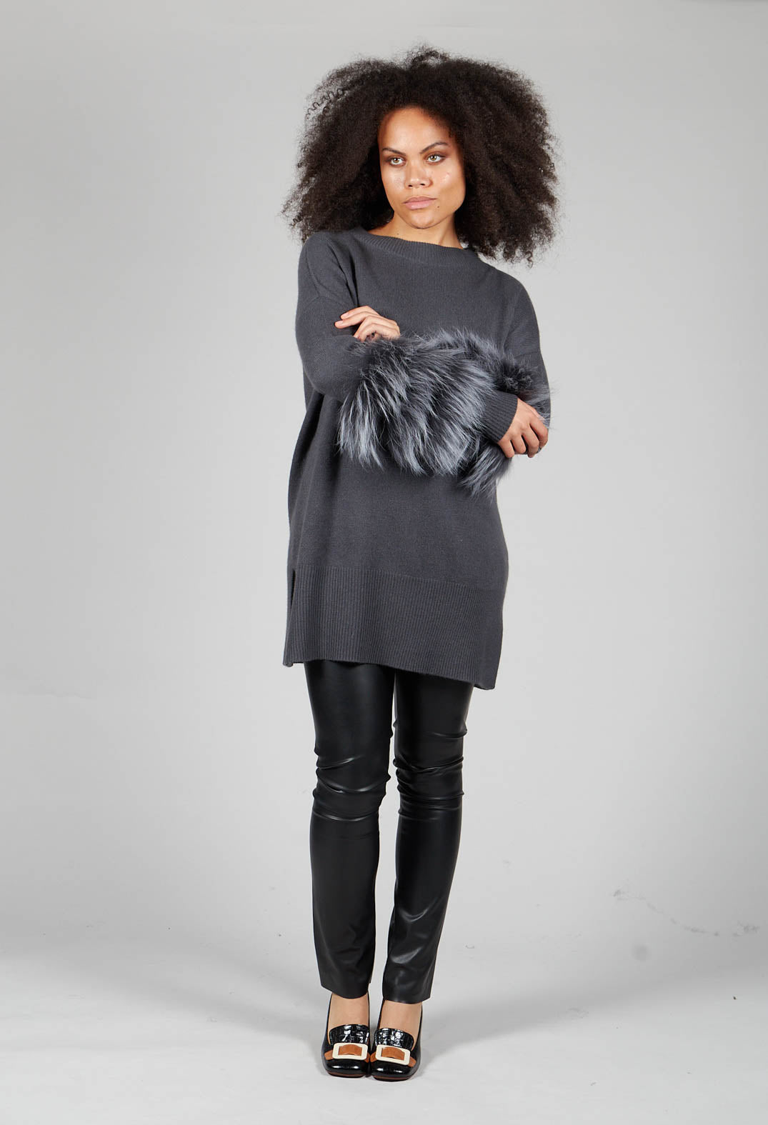 Cashmere Jumper with Fur Trim Sleeves in Volcanic Rock Grey