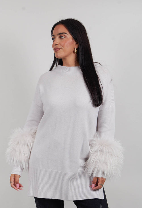 Cashmere Jumper with Fur Trim Sleeves in Fog