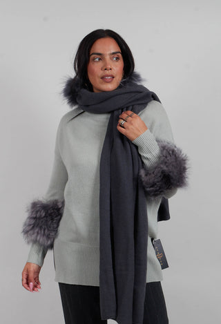 Cashmere Scarf with Fur Trim in Volcanic Rock Grey