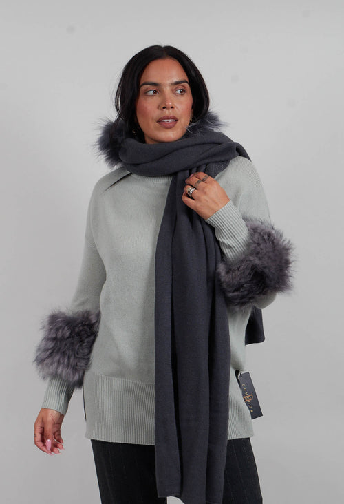 Cashmere Scarf with Fur Trim in Volcanic Rock Grey