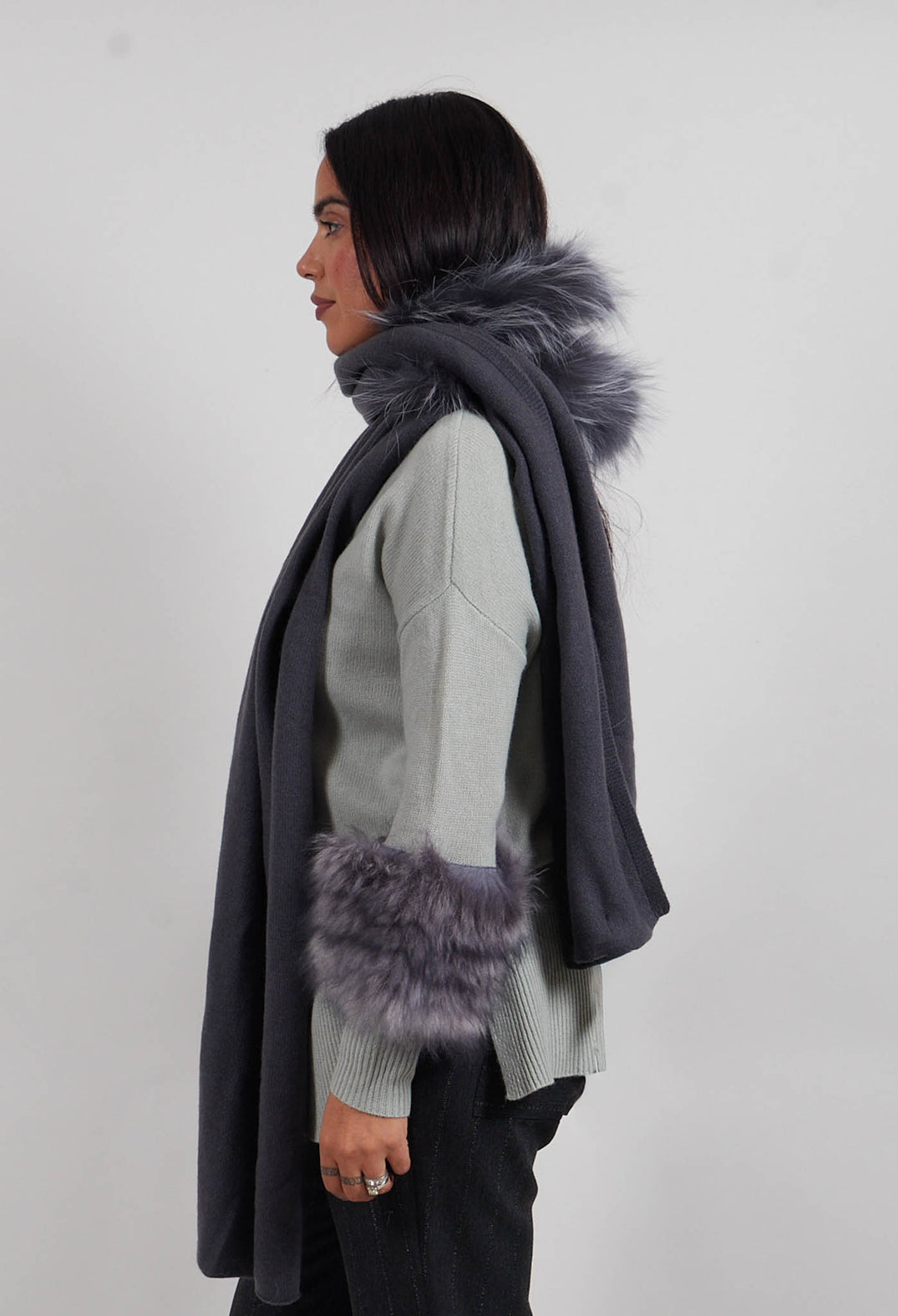 Cashmere Scarf with Fur Trim in Volcanic Rock Grey