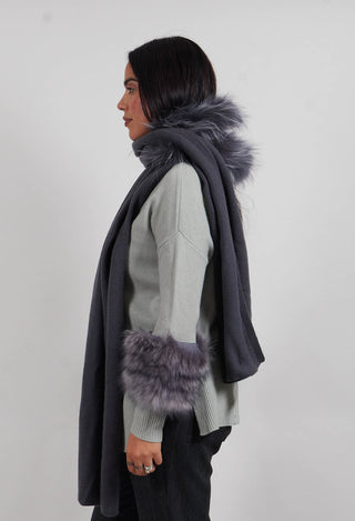 Cashmere Scarf with Fur Trim in Volcanic Rock Grey
