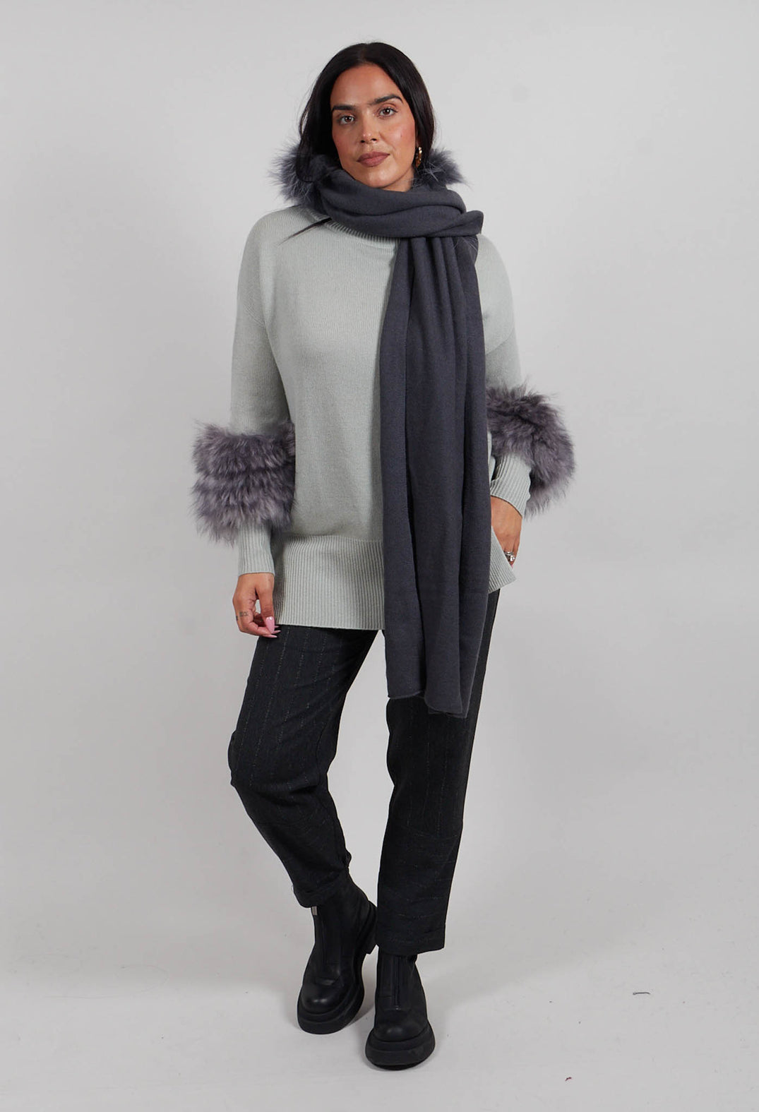 Cashmere Scarf with Fur Trim in Volcanic Rock Grey