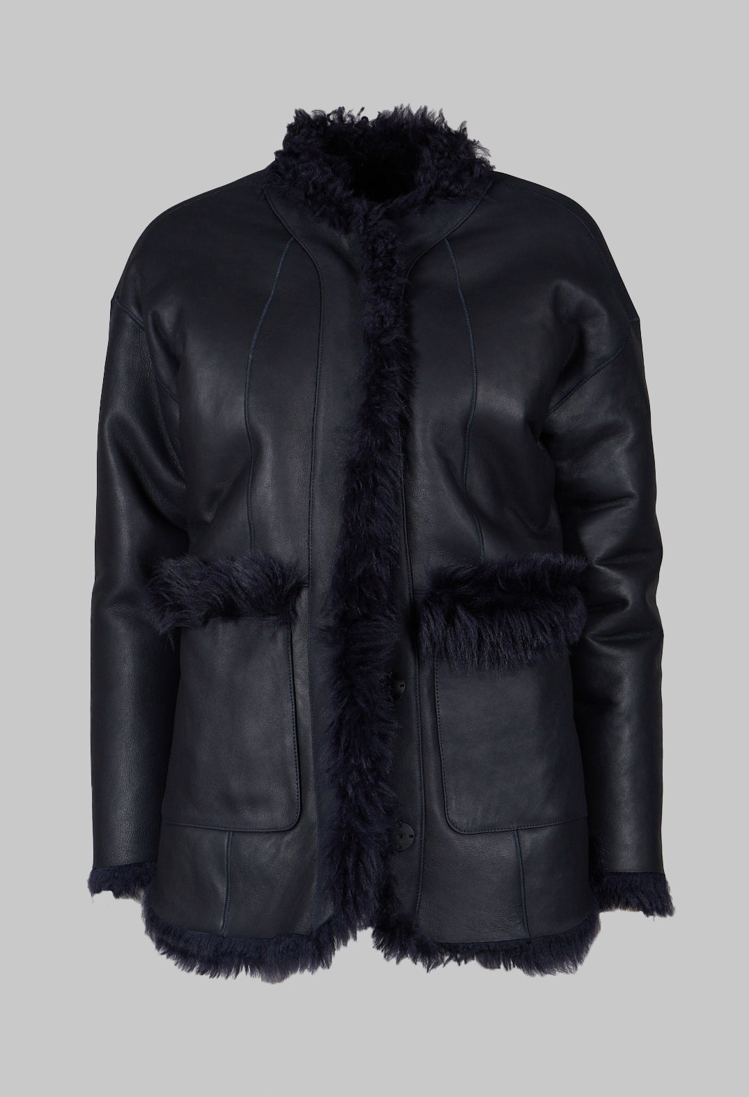Reversible Shearling Coat with Fur Lining in Night Sky Navy